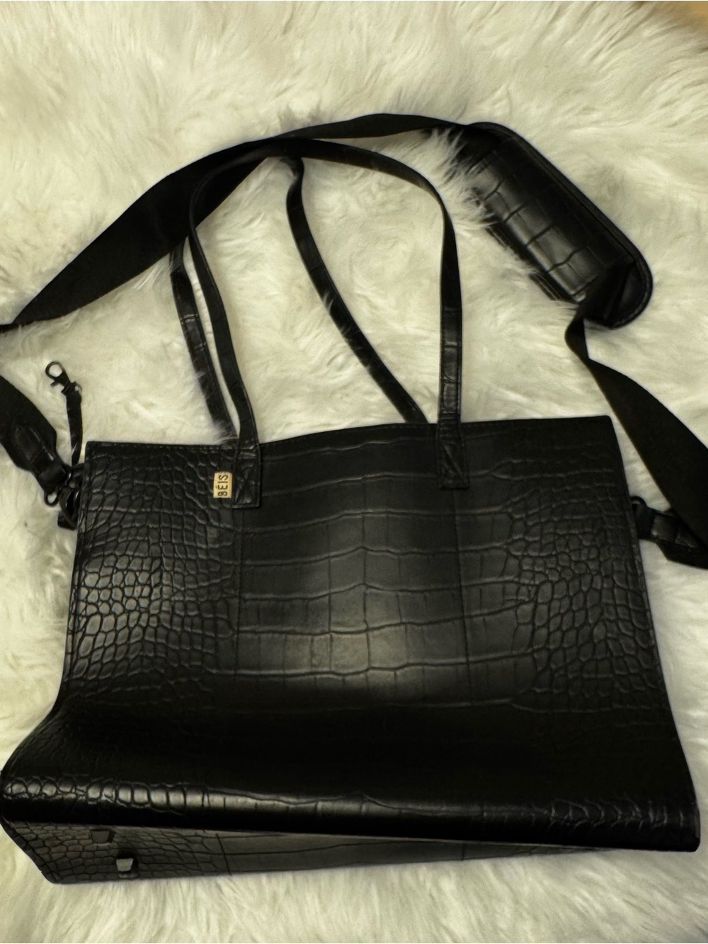 Beis Black Croc-Embossed Tote Bag